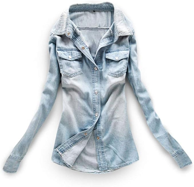 AvaCostume Women's Long Sleeve Double Pocket Slim-fit Jean Denim Shirt | Amazon (US)