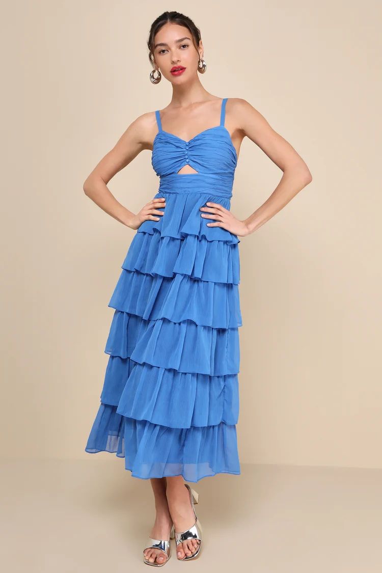 Poised Impression Blue Tiered Ruffled Cutout Midi Dress | Lulus