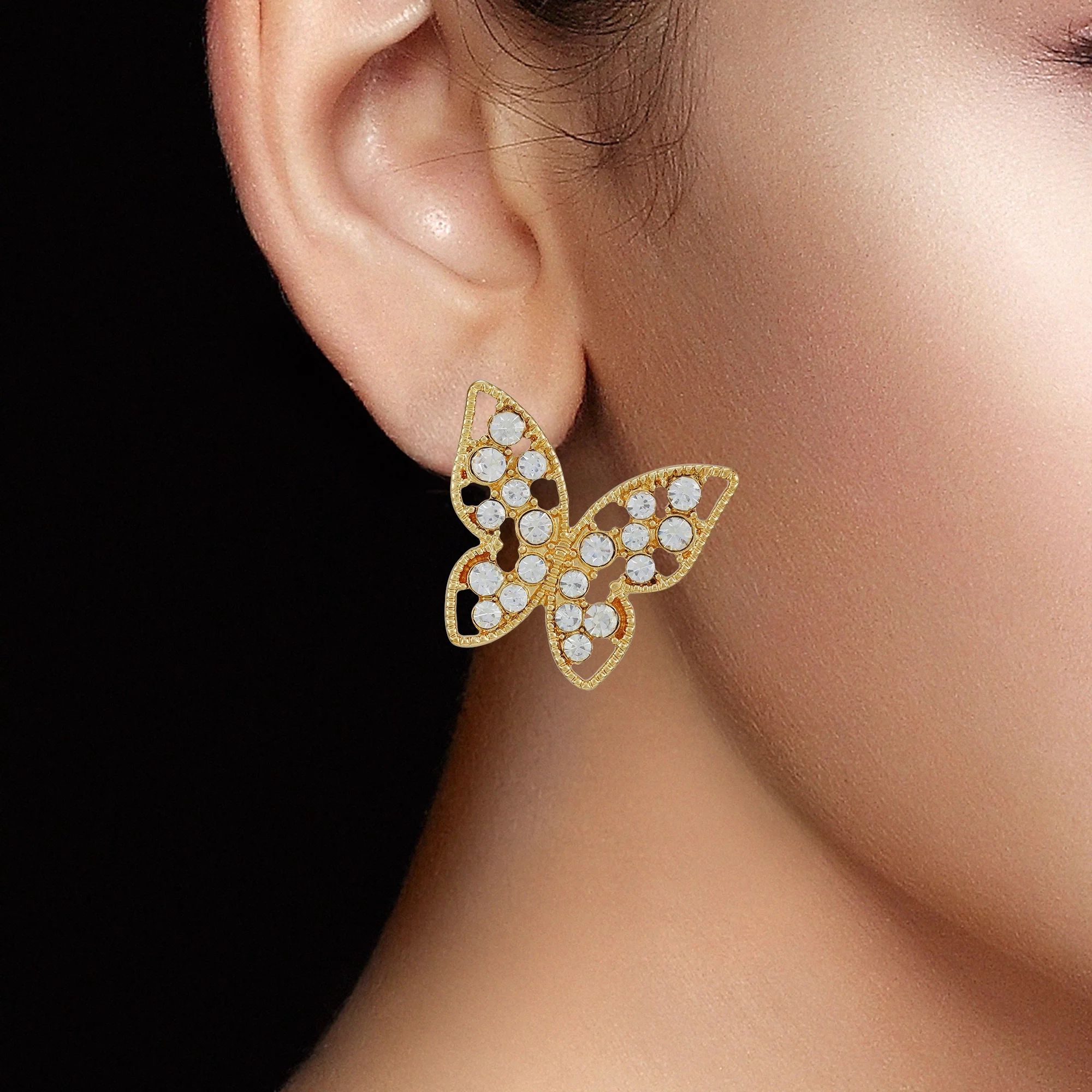 Time and Tru Women's Crystal Accent Butterfly Stud Metal Earrings | Walmart (US)