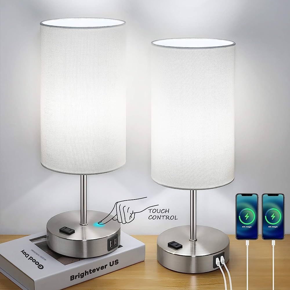 Set of 2 Touch Control Table Lamps with 2 USB Charging Ports&AC Outlet, 3-Way Dimmable Bedside Ni... | Amazon (US)
