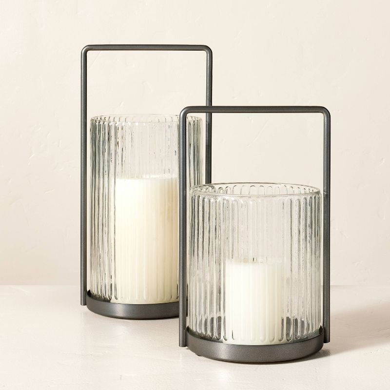 Ribbed Glass & Steel Pillar Candle Lantern Clear/Silver - Hearth & Hand™ with Magnolia | Target