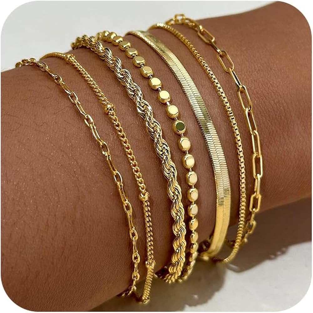 Gold Bracelets for Women,Dainty 14K Gold Plated Stack Set Trendy Stackable non tarnish Paperclip ... | Amazon (US)