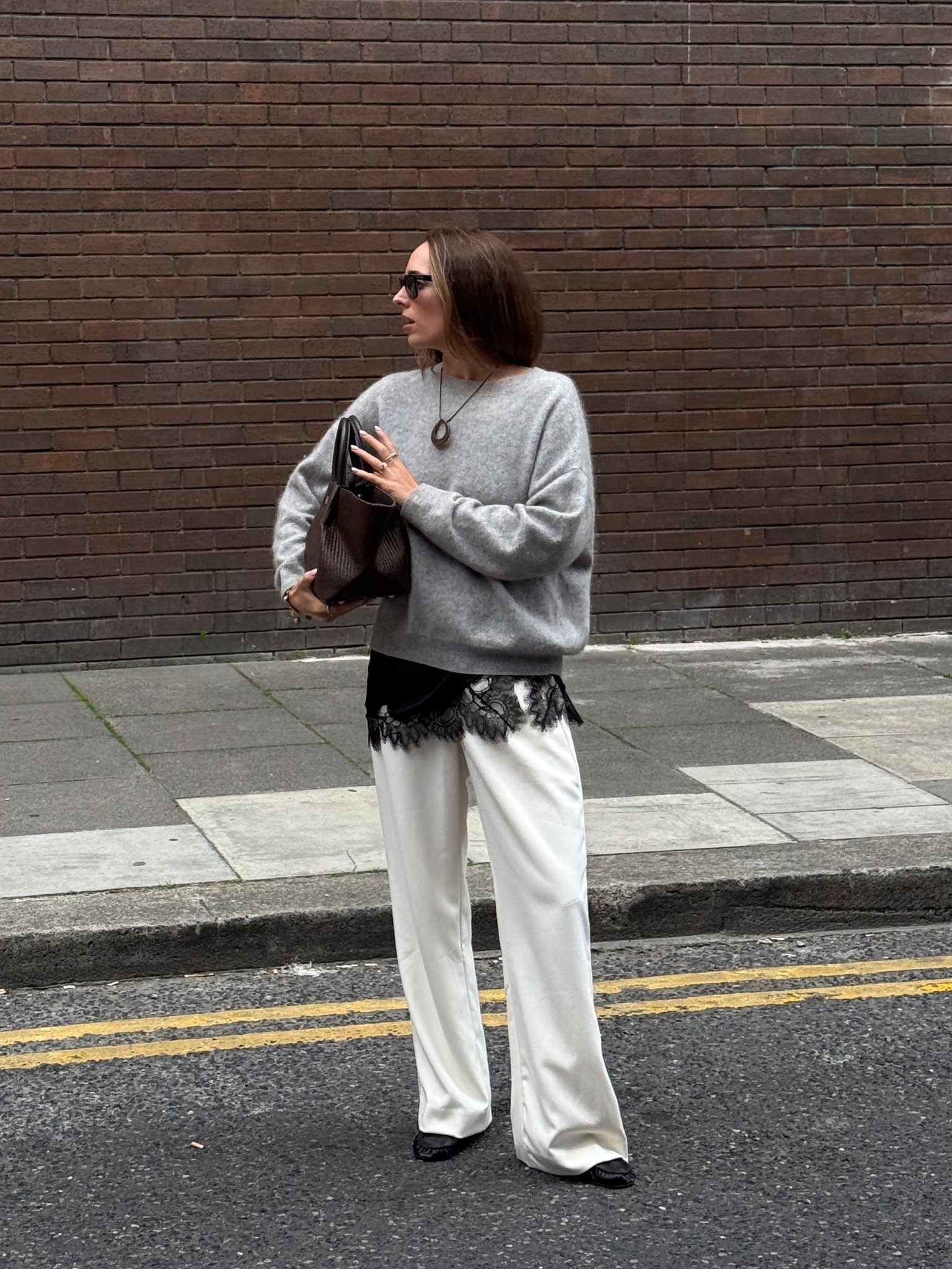 Lace trim layering 🤎 lace trim cami, lilysilk cashmere knit, dissh white trousers, flattered loafers, demellier bag, 

#LTKautumn #LTKsummer #LTKeurope