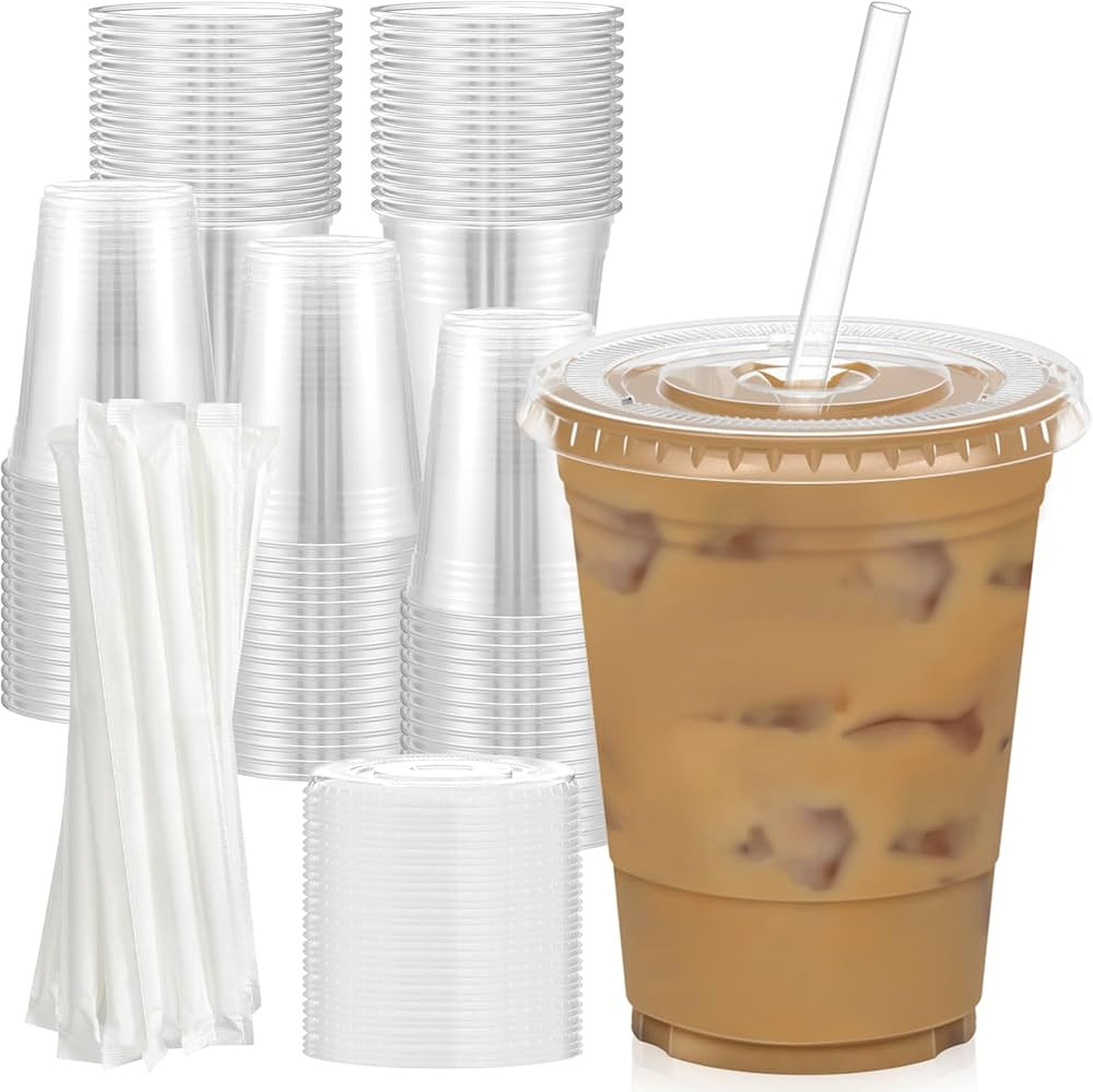 100 Pack - 16 oz Clear Plastic Cups with Lids and Straws, Sturdy & Food Safe Iced Coffee Cups wit... | Amazon (US)