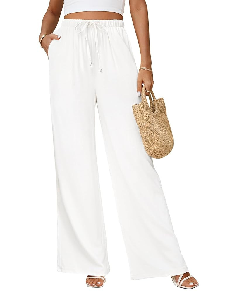Linen Pants for Women Flowy Palazzo Pants Boho High Waist Wide Leg Trousers Summer Beach Vacation... | Amazon (US)