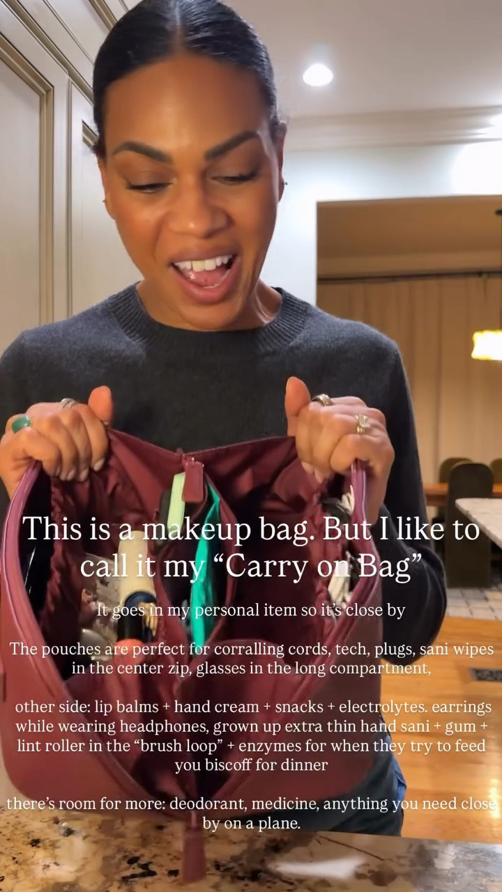 This is a makeup bag. But I like to call it my "Carry on Bag"! It goes in my personal item so it's close by
The pouches are perfect for corralling cords, tech, plugs, sani wipes in the center zip, glasses in the long compartment, other side: lip balms + hand cream + snacks + electrolytes, earrings while wearing headphones, grown up extra thin hand sani + gum + lint roller in the "brush loop" + enzymes for when they try to feed you biscoff for dinner😂
there's room for more: deodorant, medicine, anything you need close by on a plane.



#LTKTravel #LTKselfcare