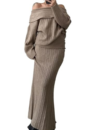 NRTHYE Women 2 Piece Sweater Sets Off The Shoulder Long Sleeve Top Bodycon Knitted Maxi Skirt Sweater Set Outfits | Amazon (US)