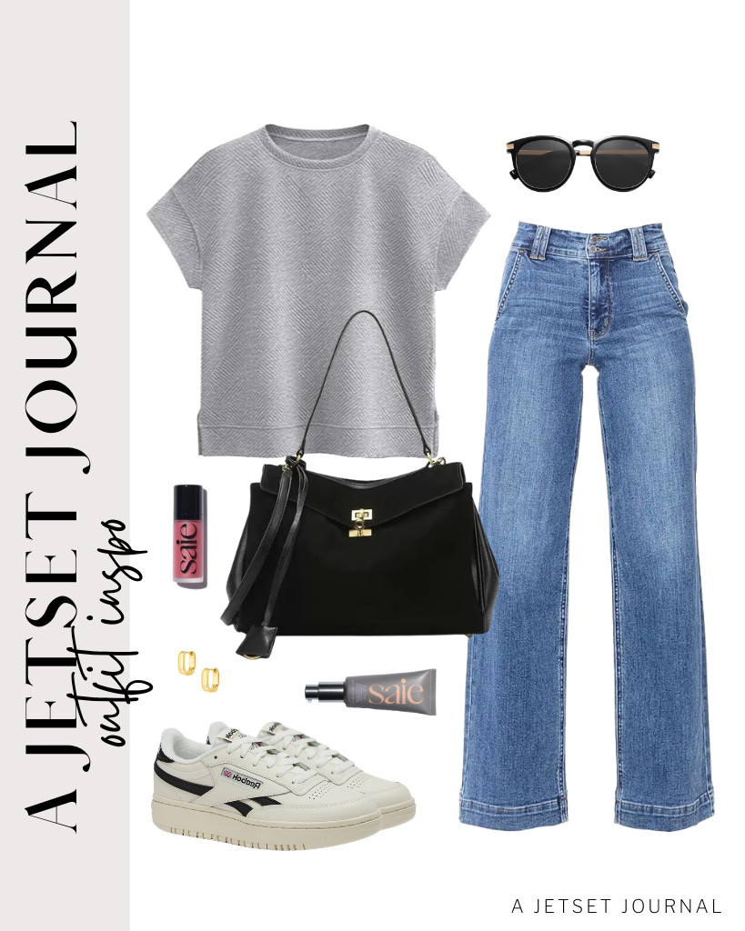 This crewneck cap-sleeve top looks perfectly fit for these wide-leg stretchy jeans from Astylish and Reebok tennis shoes. Looks comfy for daily errands and casual occasions. You can use a black top handle tote bag like this to match the fit. 

 #LTKSeasonal #LTKSaleAlert