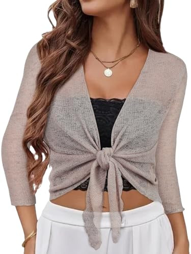 Women Crop Cardigan Sheer Mesh Bolero Shrug for Dress Tie Front 3/4 Sleeve Tops | Amazon (US)