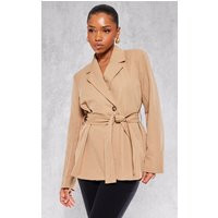Sand Wide Belted Waist Blazer | PrettyLittleThing US
