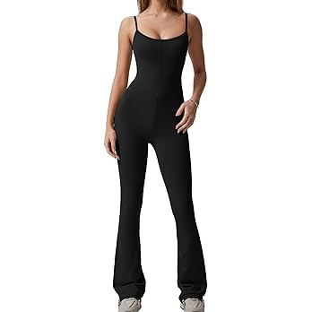 QINSEN Flare Jumpsuits for Women Spaghetti Straps Scoop Neck Bodycon Full Length Casual Unitard P... | Amazon (US)
