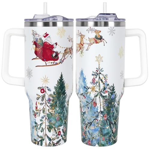 Christmas Gifts 40 oz Tumbler with Handle and Straw Lid,Cute Gifts for Women Santa Claus Sleigh Xmas Tree Vacuum Insulated Leak Proof Tumbler,Winter Holiday Accessories Stainless Steel Coffee Cup Mug | Amazon (US)
