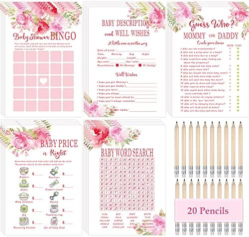 Floral Baby Shower Game 5 Games 20 Complementary pencils Fun Baby Shower Games Activities Include Ba | Amazon (US)