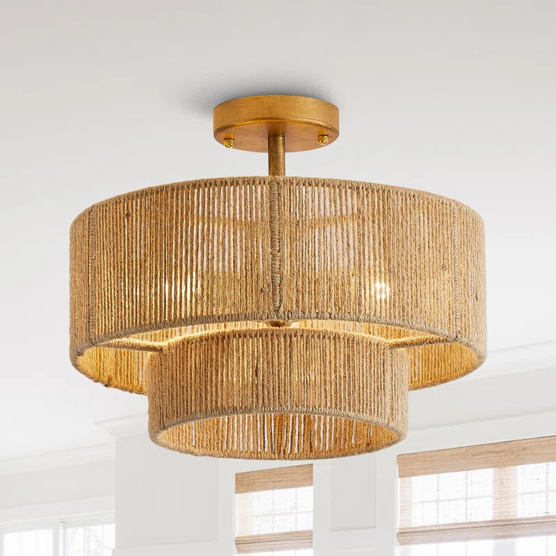 15.4" 3 - Light Boho Rope 2-Tier Drum Dimmable Semi Flush Mount Ceiling Lights | Wayfair North America