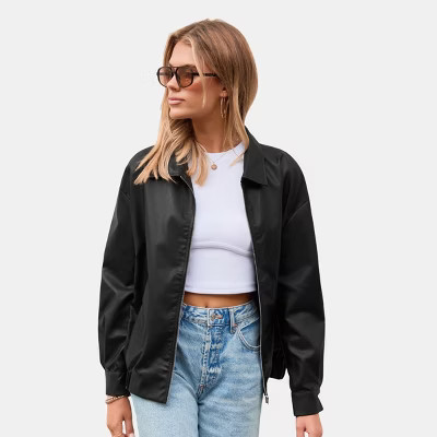 Women's Black Faux Leather Bomber Jacket- Cupshe | Target