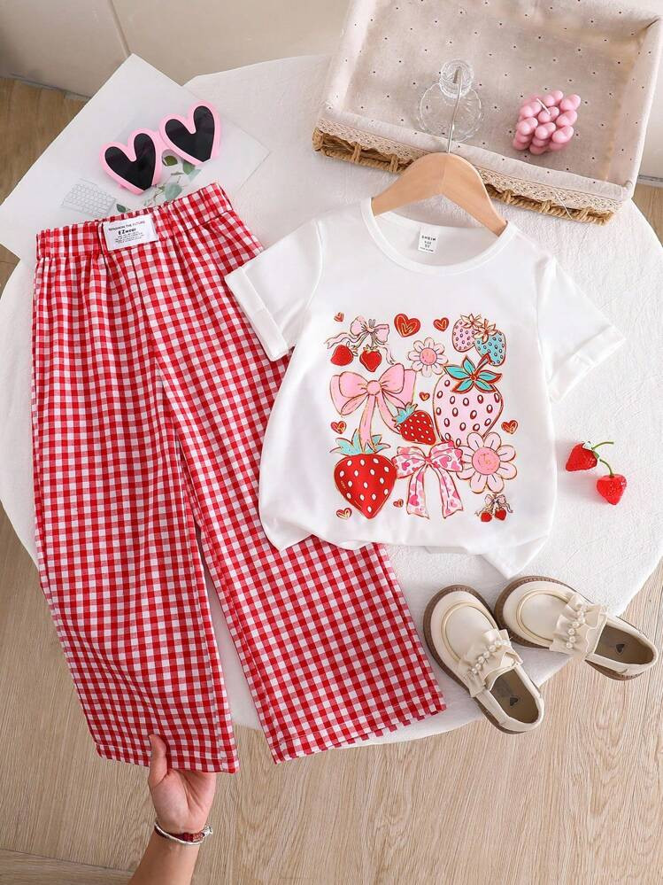 SHEIN Playful Pals Young Girls 2pcs Set: Strawberry Bow Print Short Sleeve T-Shirt & Gingham Wide... | SHEIN