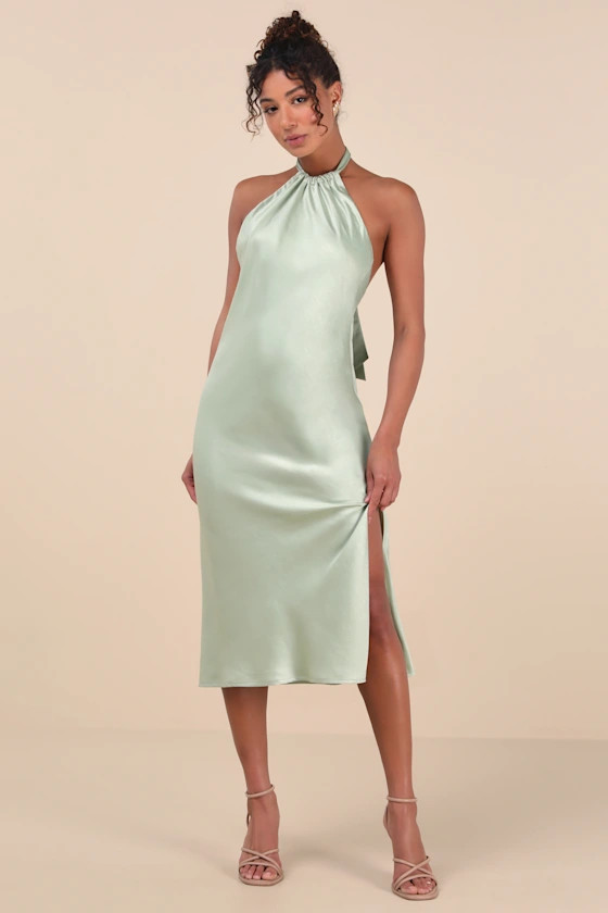 Angelique Sage Satin Backless Halter Midi Dress | Lulus