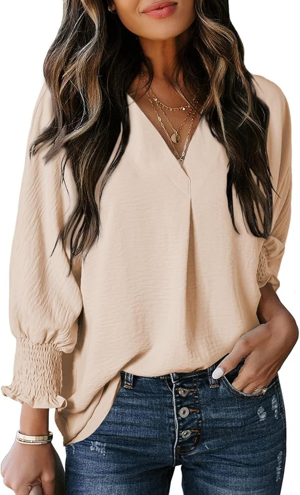 Dokotoo Womens Dressy Casual Tops Business Work Blouses 3/4 Sleeve V Neck T-Shirts Loose Fit Basi... | Amazon (US)