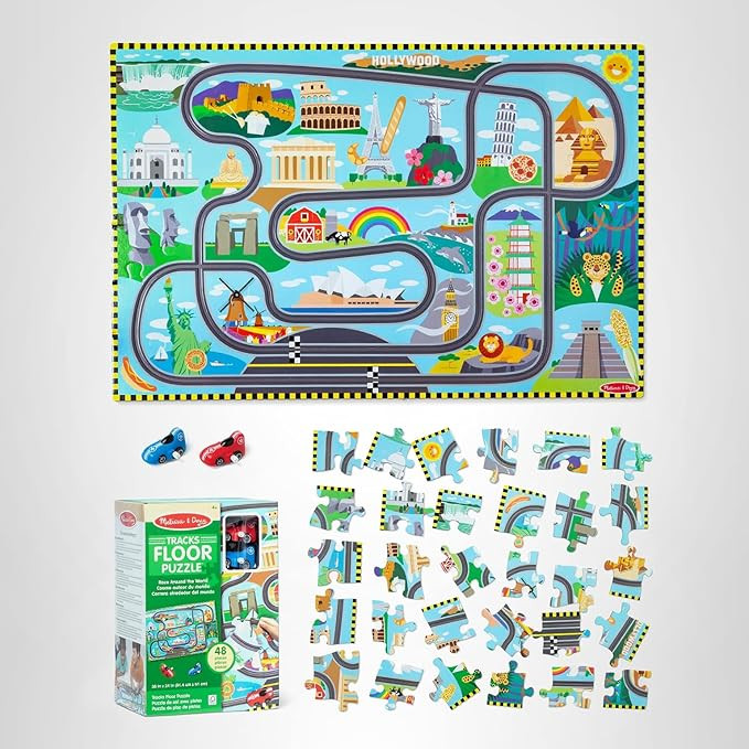 Melissa & Doug Race Around The World Tracks Cardboard Jigsaw Floor Puzzle and Wind-Up Vehicles (4... | Amazon (US)