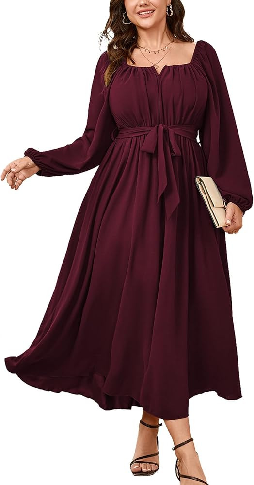 SCOMCHIC Women Plus Size Maxi Dress Long Sleeve Square Neck Wedding Guest Cocktail Belted Elegant... | Amazon (US)