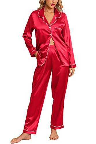 Anjue Women's Christmas Red Pj Sets Silky Button-up Sleepwear Satin Black Nightwear Pajamas with Pockets(Red,S) | Amazon (US)