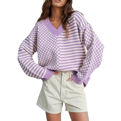 UNCLECAT Womens Striped Checkered Sweater V Neck Fall Trendy Pullover Tops | Long Sle… | Amazon (US)