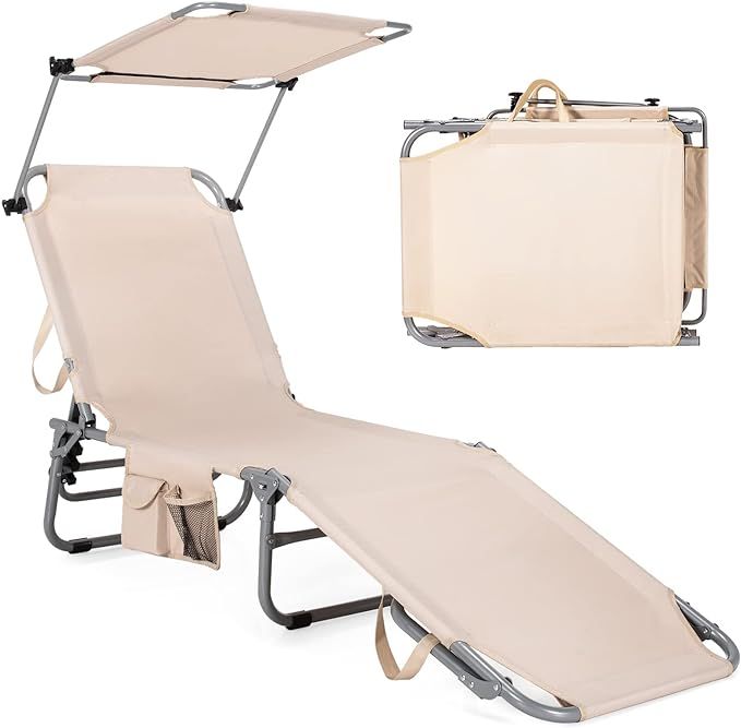 GYMAX Tanning Chair, Beach Lounge Chair with Canopy Sunshade, Carry Handle & Pocket, 5 Level Adju... | Amazon (US)