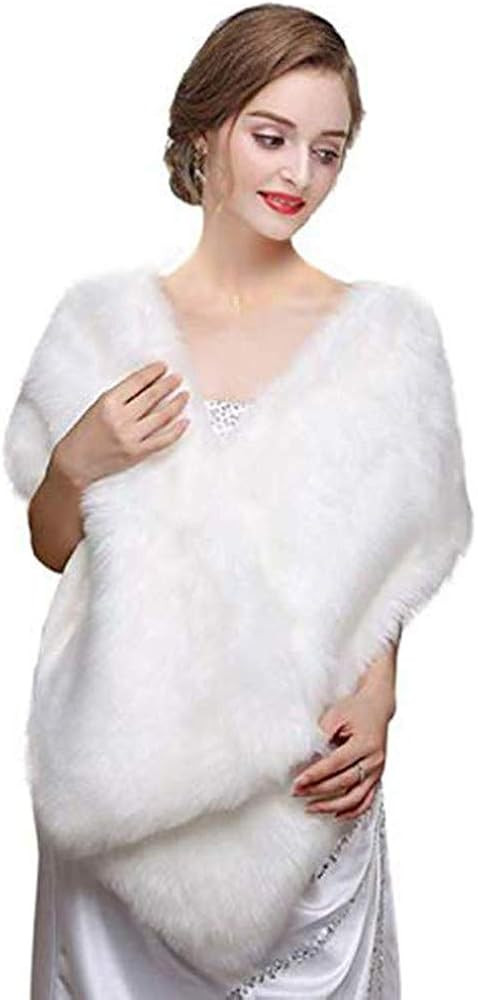 Dikoaina White Faux Fur Wrap Shawl Shrug Bolero Cape for Bridal Winter Weddings Gift | Amazon (US)