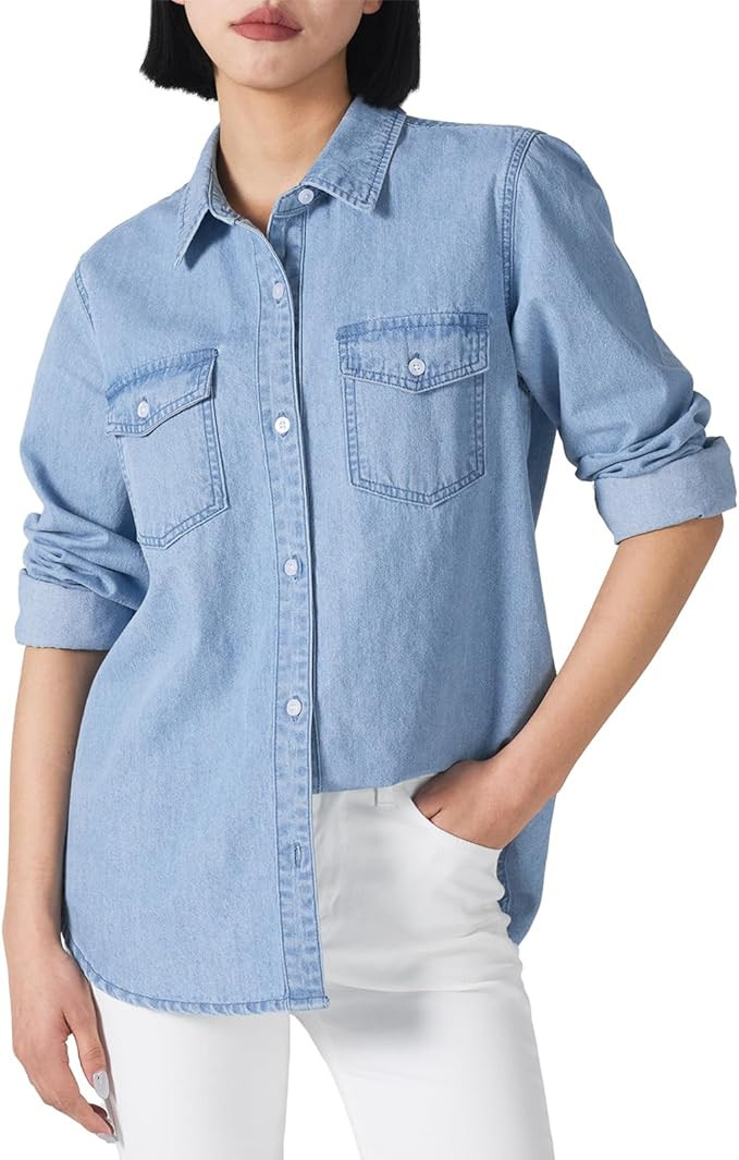 HISEA Women's Denim Button Down Shirt with Long Sleeve, Blue Jean Lightweight Shacket for Women, ... | Amazon (US)
