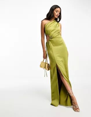 Style Cheat one shoulder satin cut-out midaxi dress in olive | ASOS (Global)