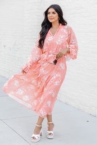 In The Sunshine Coral Floral Notched Neck Midi Dress | Pink Lily