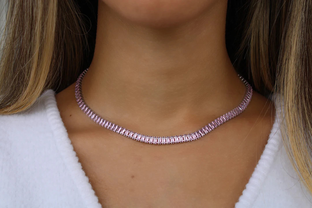 Silver Pink Stone Choker Tennis Necklace Zircon Gemstone Necklace Stainless Steel WATERPROOF Jewe... | Etsy (US)