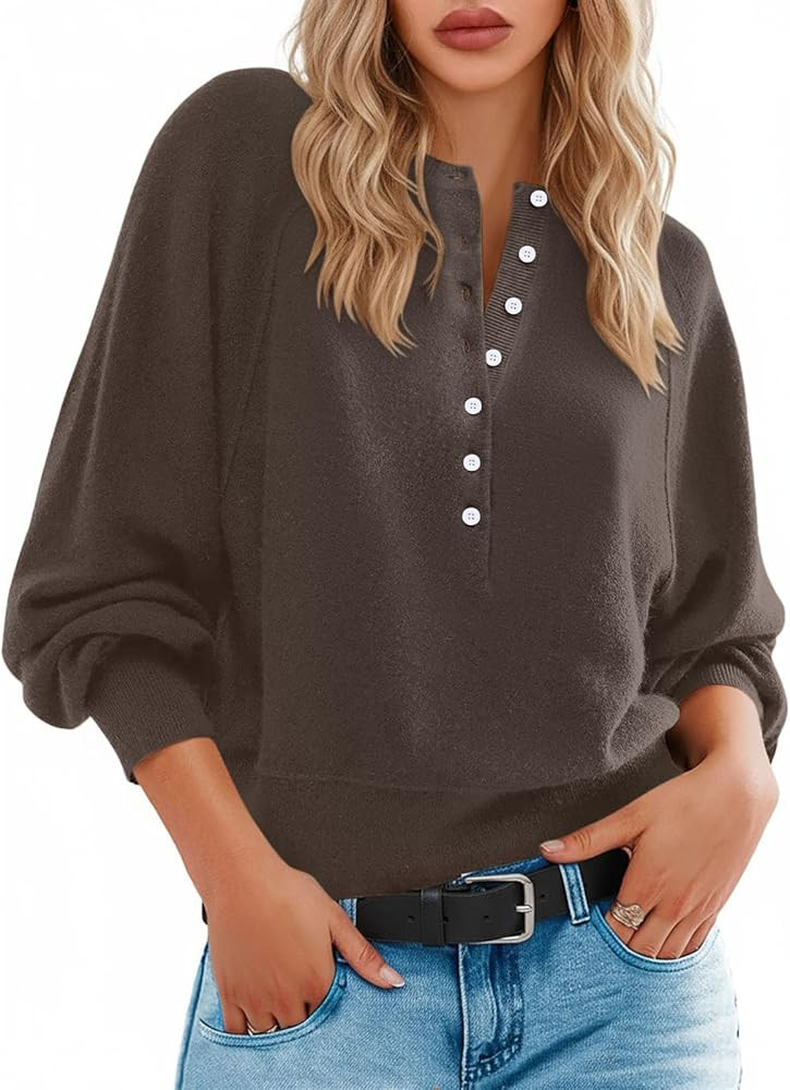 Henley Pullover Sweaters for Women Fall Button Long Sleeve Dressy Casual Loose Cozy Knit Tops Tre... | Amazon (US)