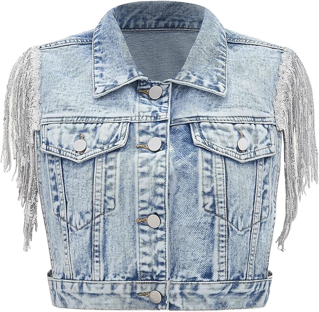 SweatyRocks Women's Fringe Button Down Crop Denim Jacket Sleeveless Collared Jean Coats | Amazon (US)