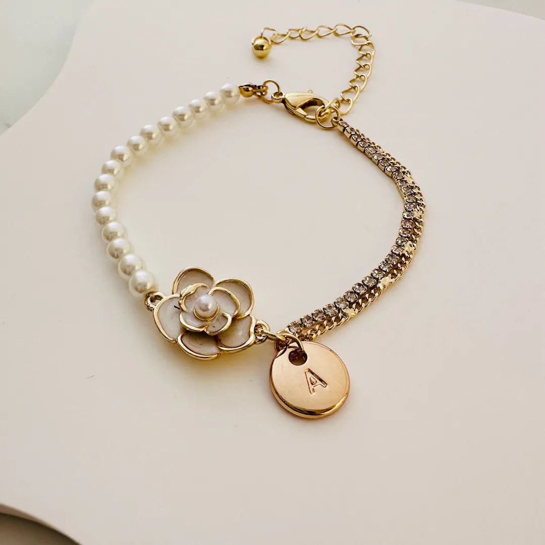 Personalized Initial Flower Pearl Bracelet Hand Stamped - Etsy | Etsy (US)