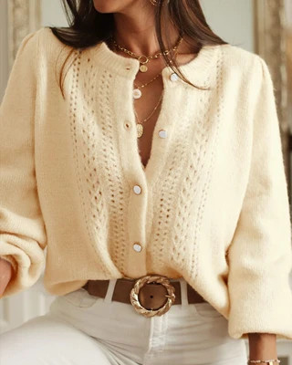 Yellow Round Neck Hip Knit Cardigan | rihoas.com