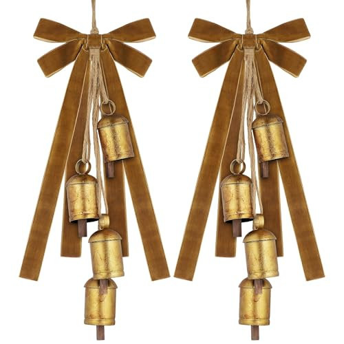 Fovths 2 Set Christmas Rustic Cow Bells with 2 Velvet Ribbons Metal Harmony Vintage Cow Bells Handmade Hanging Cows Bell for Xmas Tree Garland Wall Decor Parties Gifts | Amazon (US)