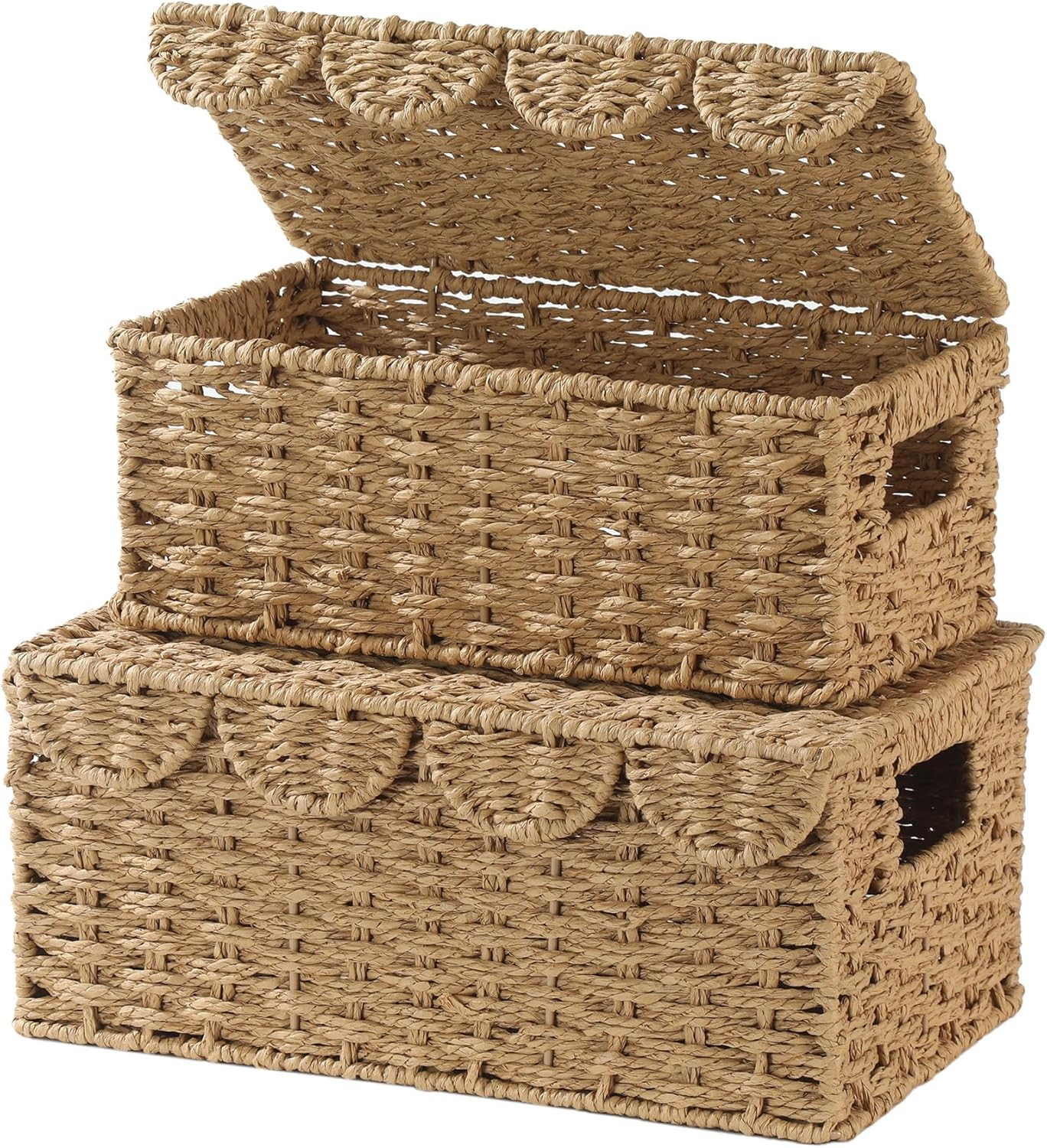 Set of 2 Scalloped Wicker Baskets with Lid,Paper Rope Decorative Storage Boxes with Lids,Handmade Small Cute Woven Basket for Shelves,Closet,Nursery,Living Room Decor | Amazon (US)