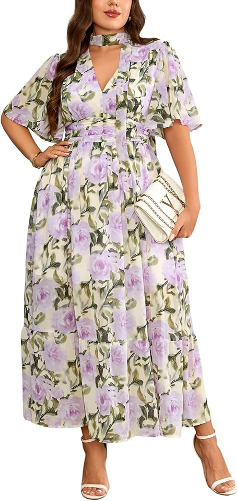 EYWOL Plus Size Wedding Guest Dresses for Women Floral Chiffon Flowy V Neck Maxi Dress with Detac... | Amazon (US)