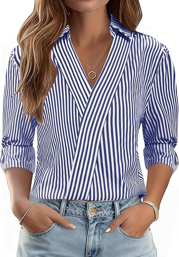 LOMON 3/4 Length Sleeve Womens Tops Dressy V Neck Collared Shirts Trendy Business Casual Work Blo... | Amazon (US)