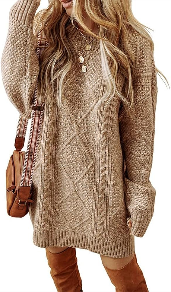 Womens Loose Long Sleeve Cable Knit Pullover Sweater Dress Casual Slouchy Crew Neck Knitted Mini ... | Amazon (US)