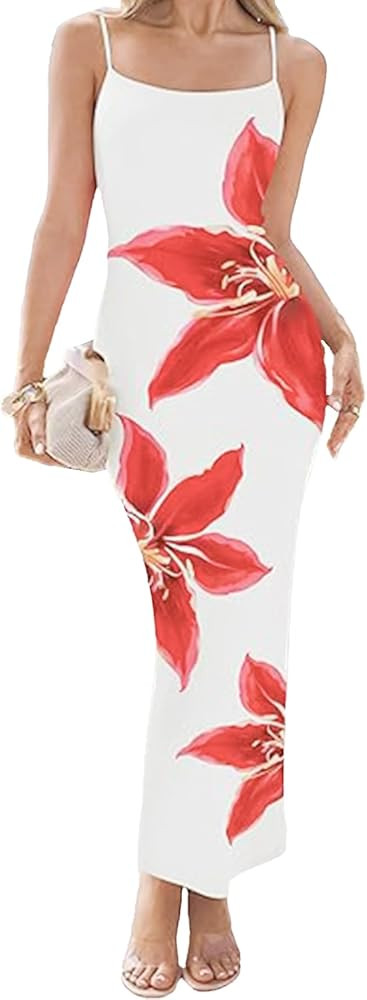 Women’s Summer Bodycon Maxi Dress Floral Spaghetti Strap Backless Scoop Neck Slip Party Long Dr... | Amazon (US)