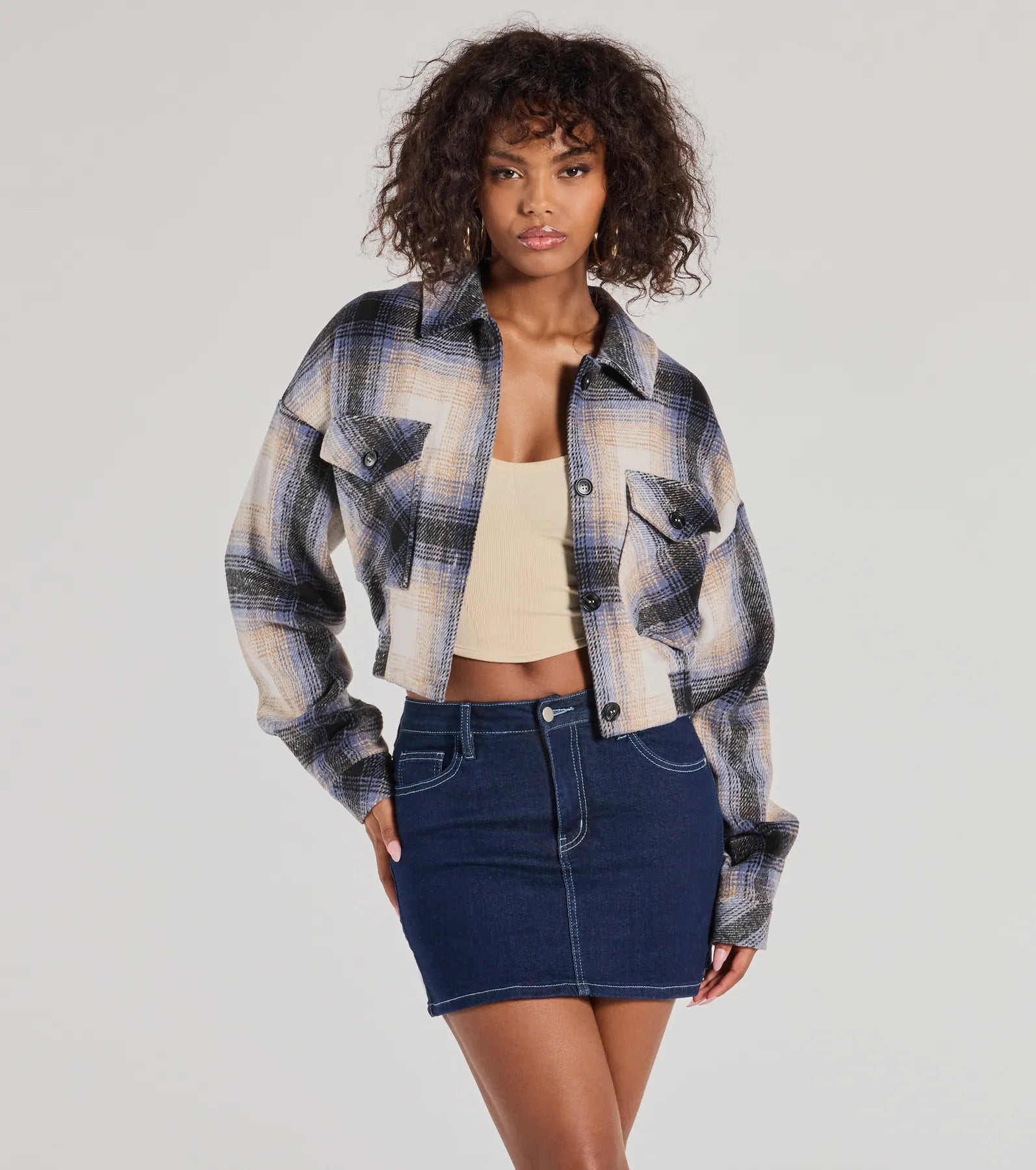 Casually Cozy Plaid Woven Cropped Shacket | Windsor Stores