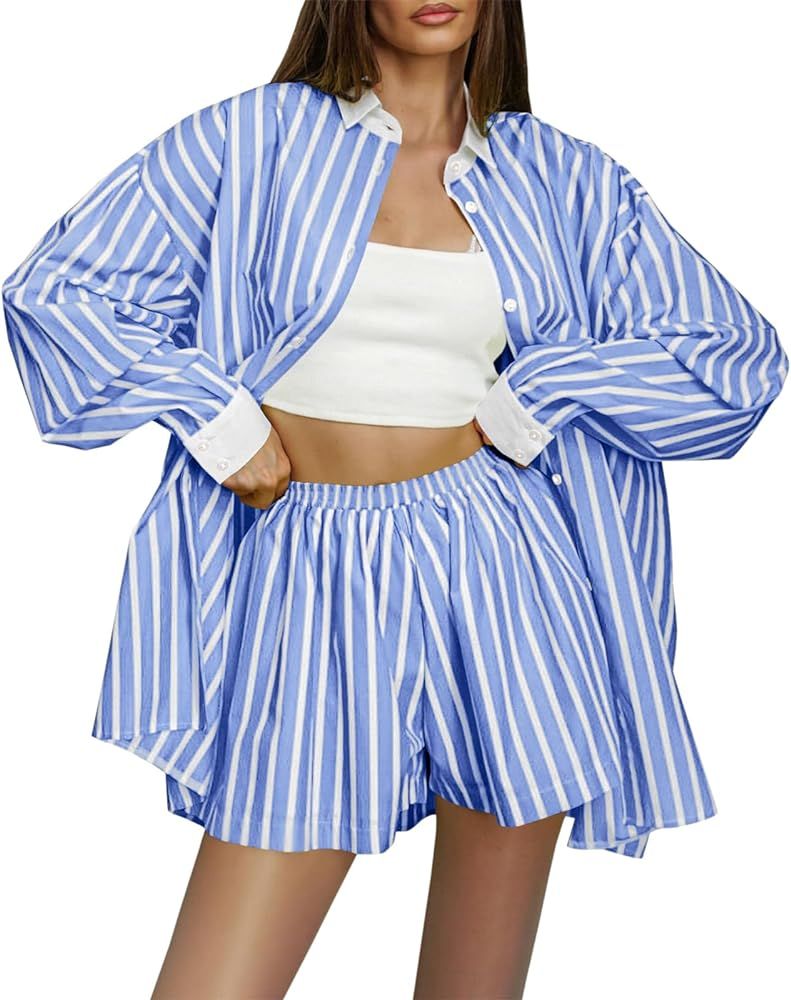 Tankaneo Womens 2 Piece Outfits Oversized Striped Button Down Shirt and Elastic Waist Shorts Loun... | Amazon (US)