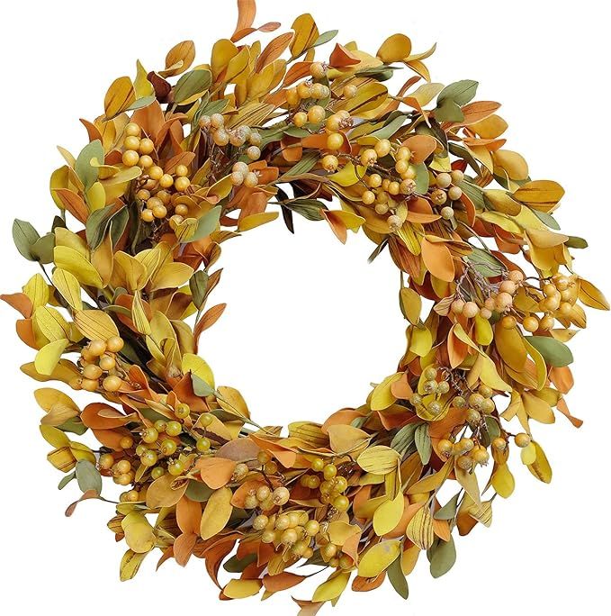 Artificial Fall Leaves Wreath 20inch Autumn Leaf Yellow Berry Decorative Wreath for Festival Cele... | Amazon (US)