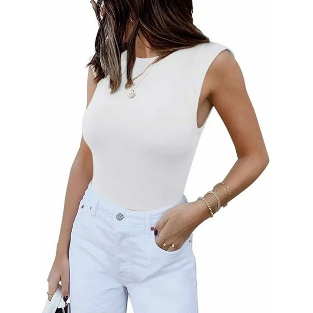 LACOZY Womens Sexy Sleeveless Solid Bodycon One Piece Basic Bodysuits Shirts Tops White X-Large -... | Walmart (US)