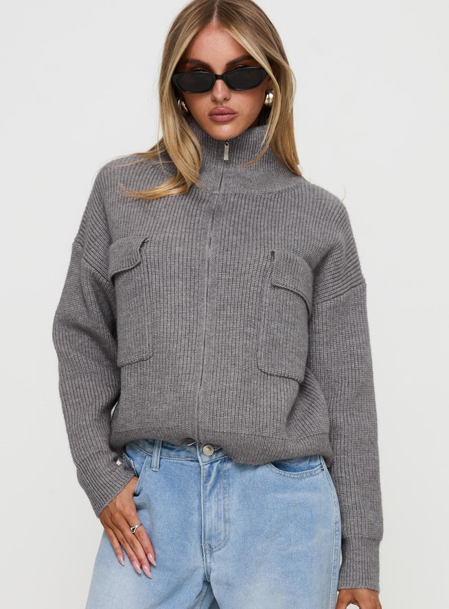 Too Busy Zip Up Sweater Grey | Princess Polly US