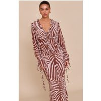 Brown Zebra Print Chiffon Ruffle Tie Front Blouse | PrettyLittleThing US