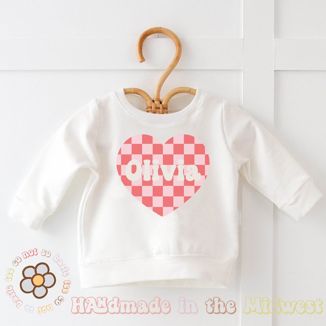 Checkered Custom Heart Sweatshirt, Kid's Valentine Outfit, Personalized Valentine's Sweatshirt wi... | Etsy (US)