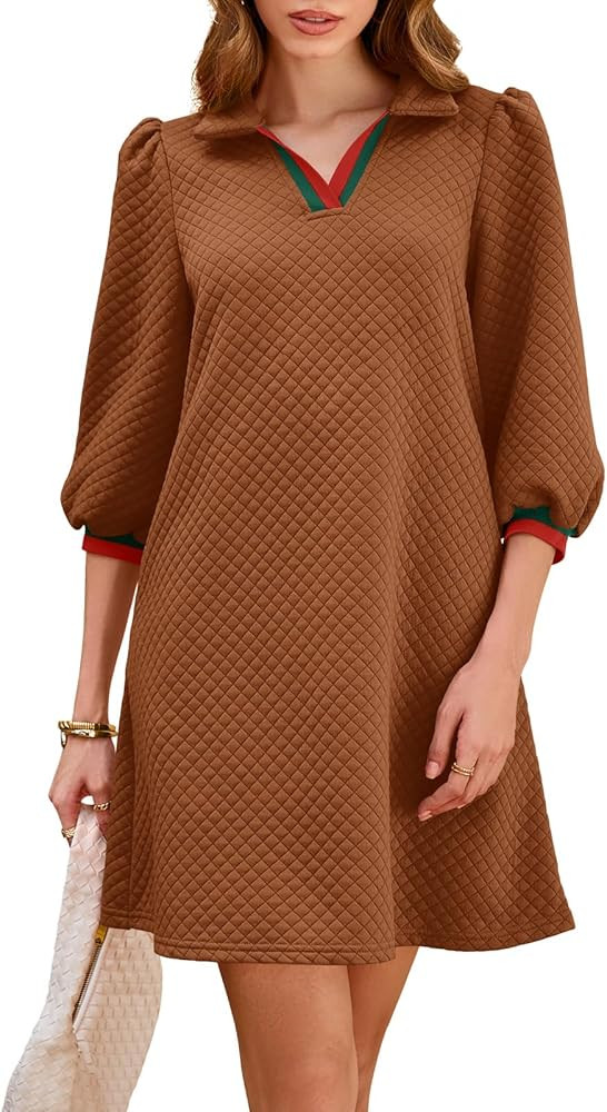 Wenrine Womens 3/4 Sleeve Mini Dress Casual V Neck Collared Textured Loose Fall A Line Argyle Dre... | Amazon (US)